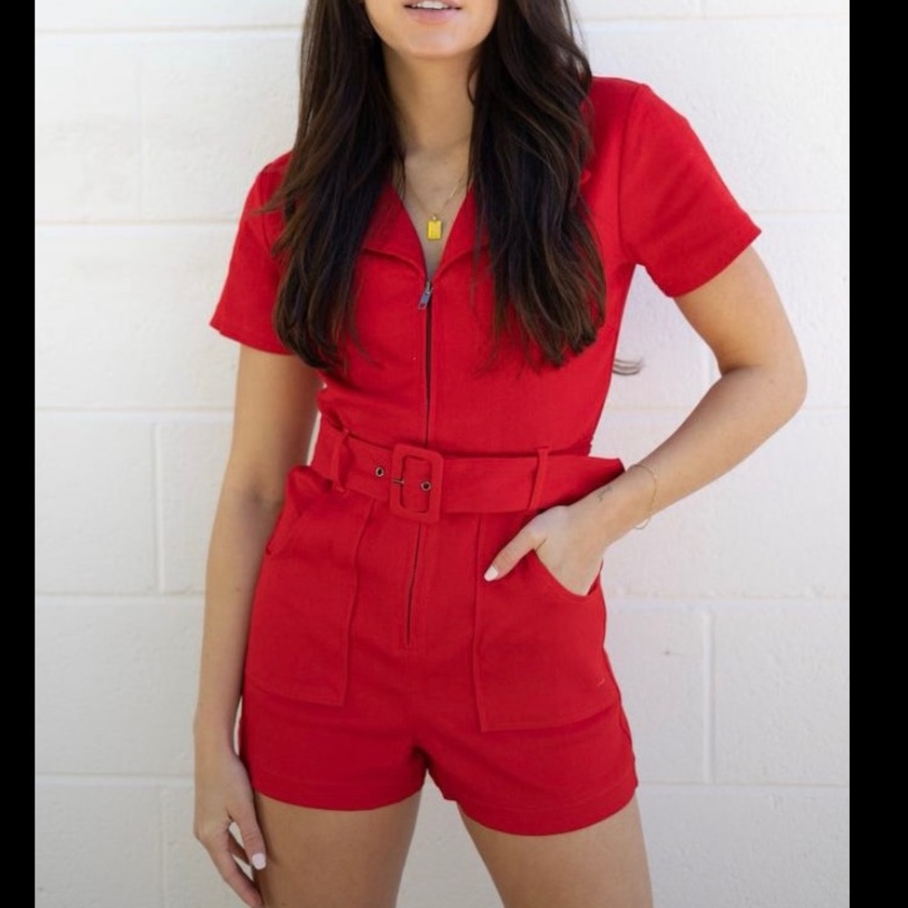 Day + Moon Red Zip up, belted, denim Romper, never worn